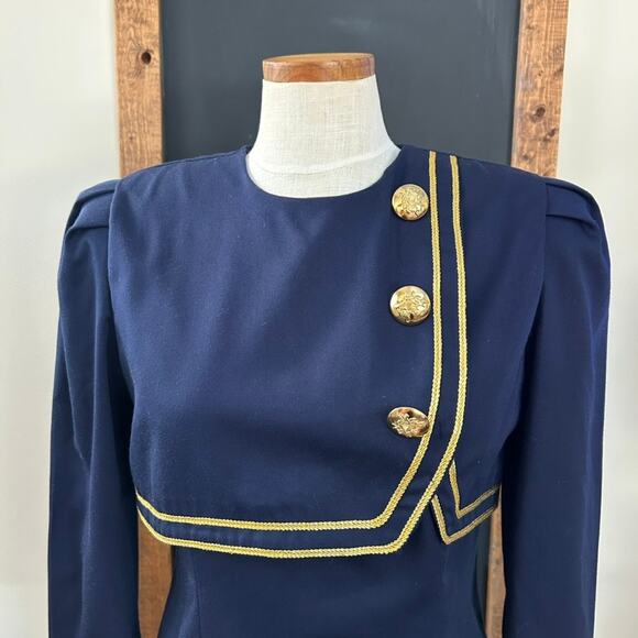 Vintage 80s Jessica Howard Navy Military Stewardess Dress Gold Braid Size 6P - Picture 1 of 13